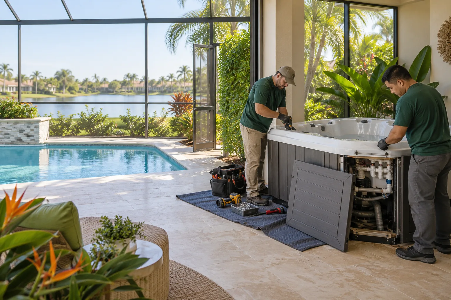 Removal crew working around a drained hot tub on a screened Florida lanai